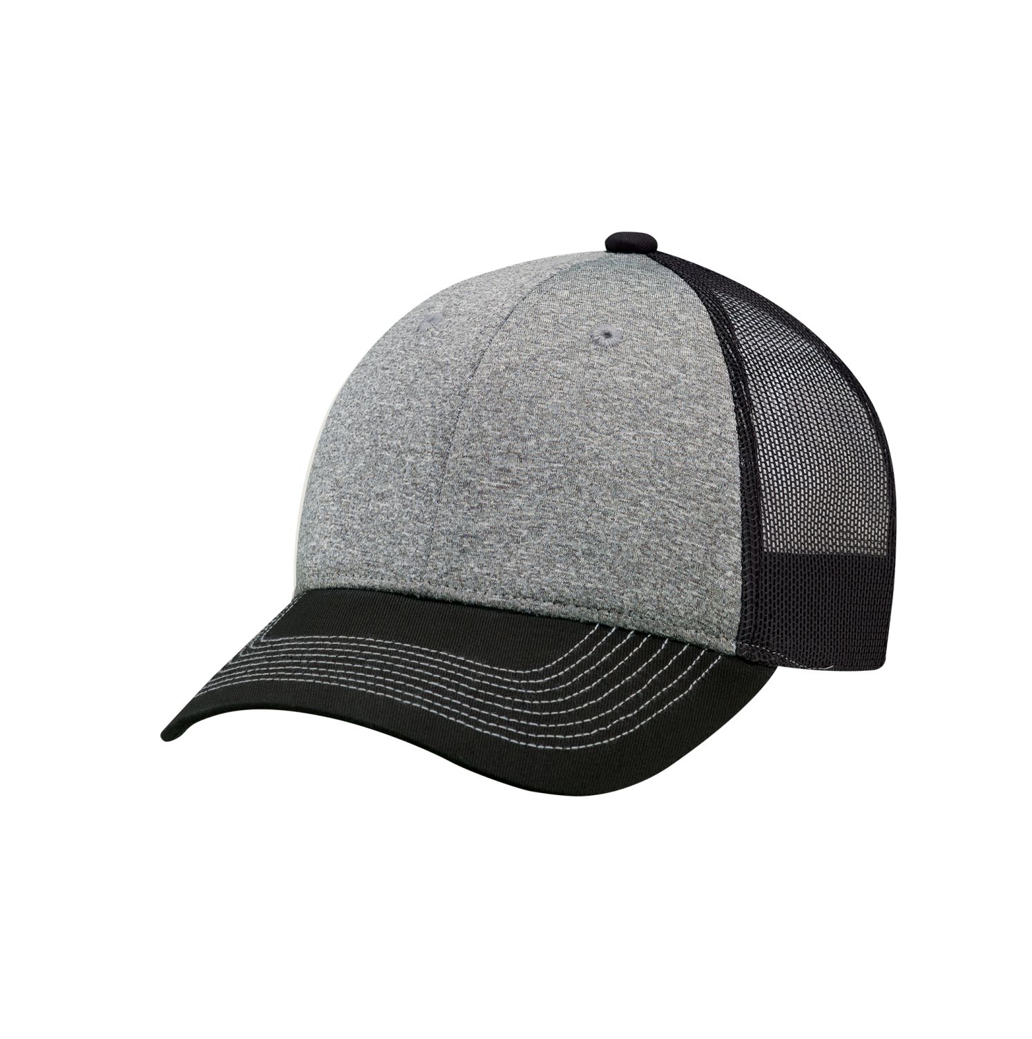 AJM Cotton Drill / Polyester Heather / Nylon Mesh 6 Panel Constructed Full-Fit Hat (Mesh Back) #4G645M Black / Charcoal / Black