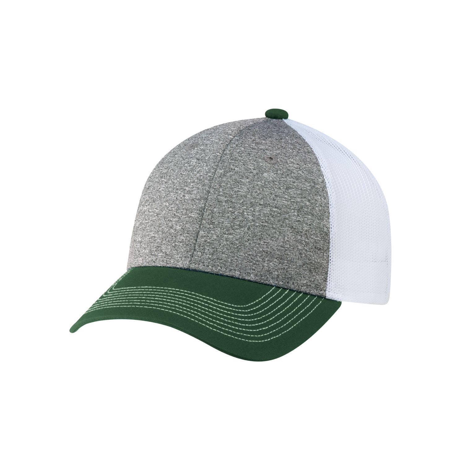 AJM Cotton Drill / Polyester Heather / Nylon Mesh 6 Panel Constructed Full-Fit Hat (Mesh Back) #4G645M Forest Green / Charcoal / White