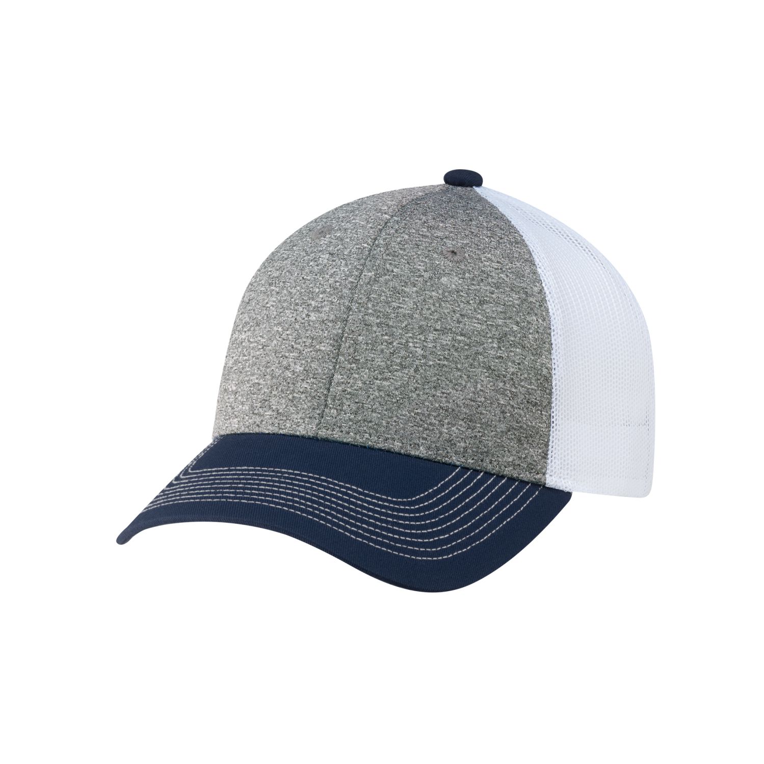 AJM Cotton Drill / Polyester Heather / Nylon Mesh 6 Panel Constructed Full-Fit Hat (Mesh Back) #4G645M Navy / Charcoal / White