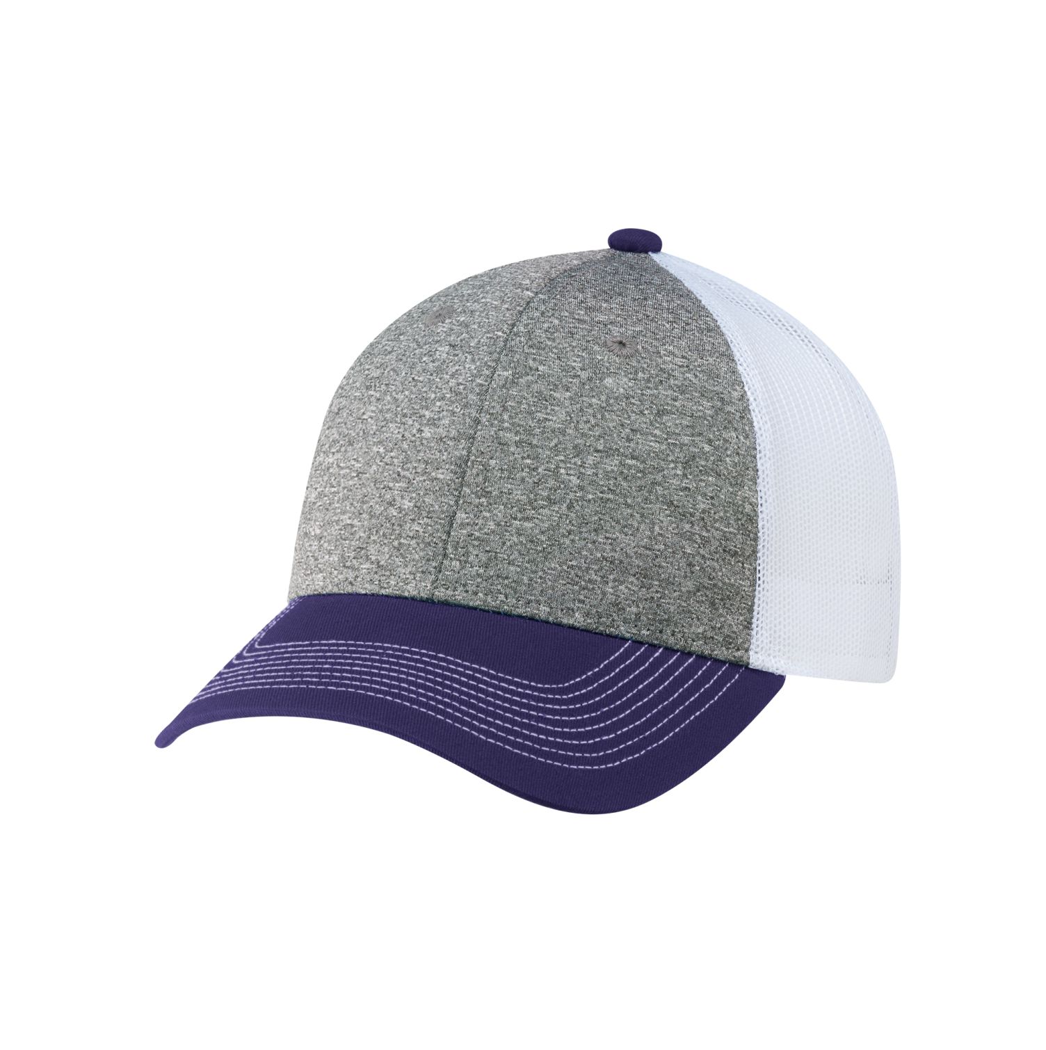 AJM Cotton Drill / Polyester Heather / Nylon Mesh 6 Panel Constructed Full-Fit Hat (Mesh Back) #4G645M Purple / Charcoal / White