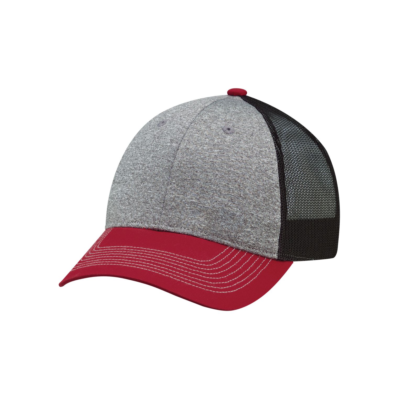 AJM Cotton Drill / Polyester Heather / Nylon Mesh 6 Panel Constructed Full-Fit Hat (Mesh Back) #4G645M Red / Charcoal / Black