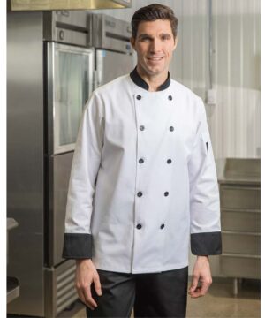Premium Uniforms Chef Coat with Contrast Trim #5370 White with Black Trim