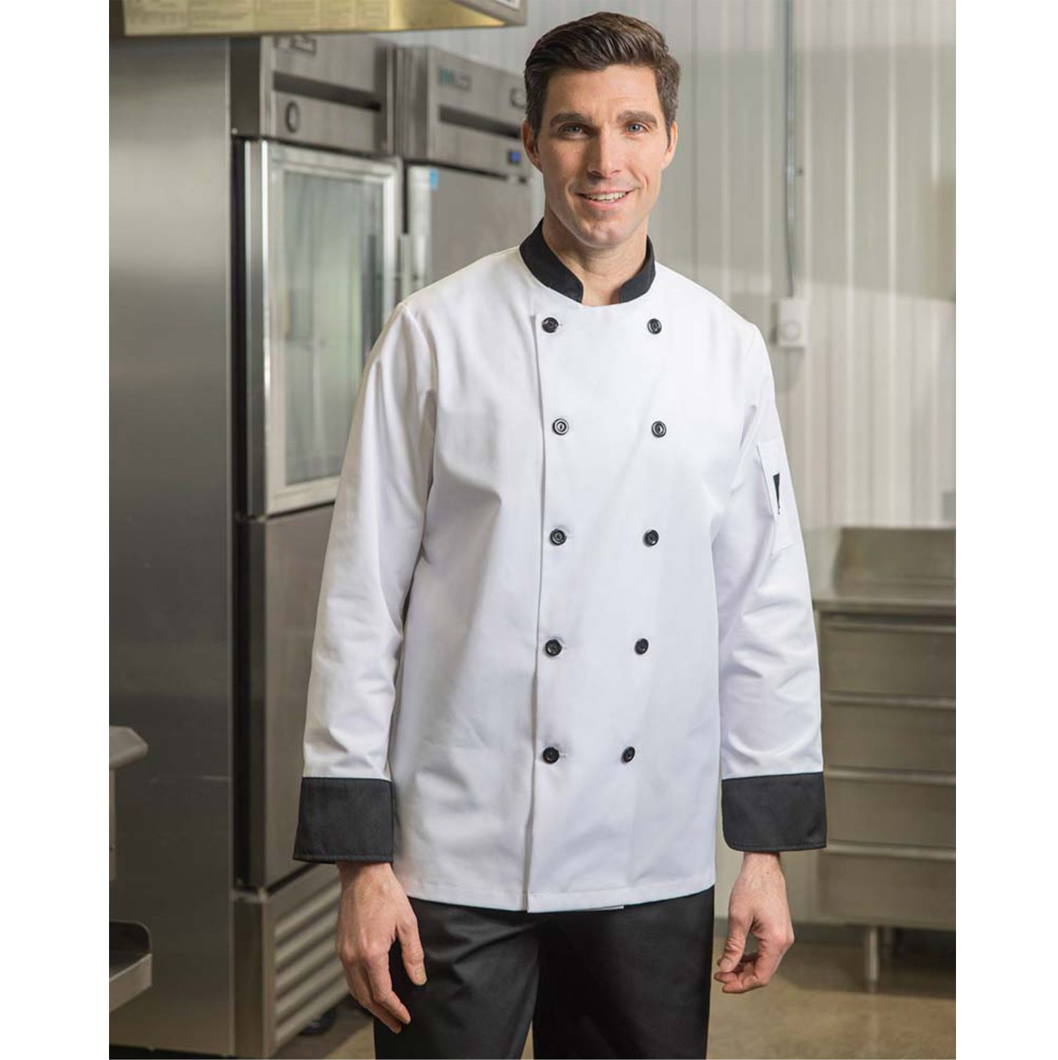 Premium Uniforms Chef Coat with Contrast Trim #5370 White with Black Trim