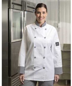 Premium Uniforms Chef Coat with Contrast Trim #5370 White with Checked Trim