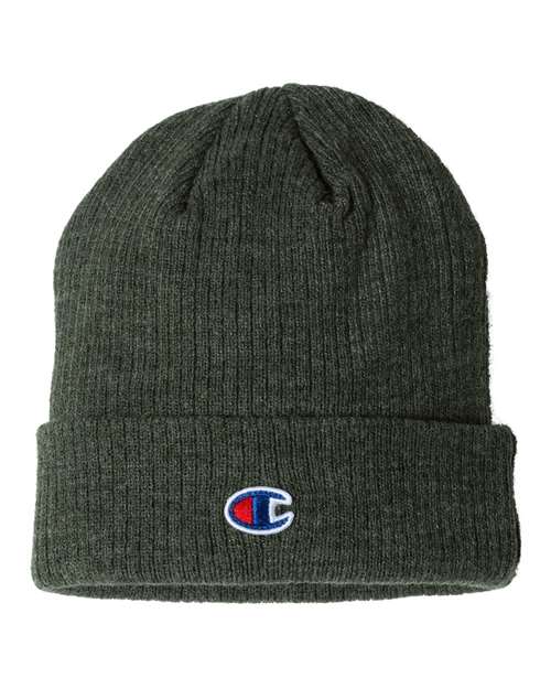Champion Ribbed Knit Cuffed Beanie #CS4003 Heather Forest