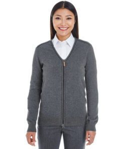 Devon & Jones Ladies' Manchester Fully-Fashioned Full-Zip Cardigan Sweater #DG478W Dark Grey Heather / Black Front