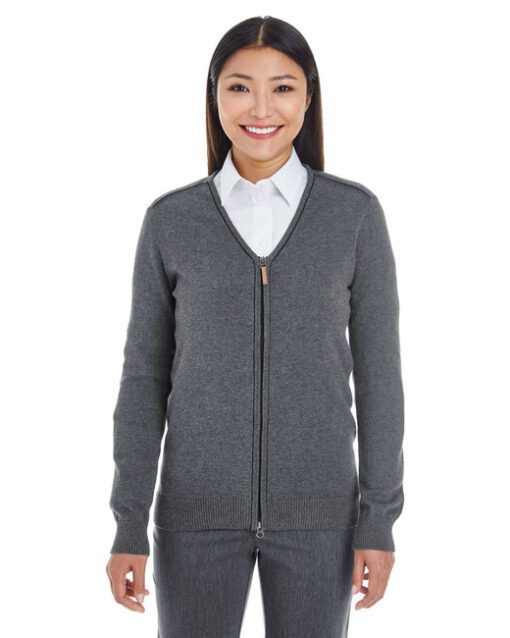 Devon & Jones Ladies' Manchester Fully-Fashioned Full-Zip Cardigan Sweater #DG478W Dark Grey Heather / Black Front
