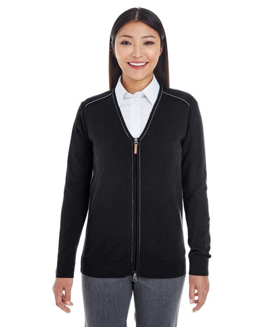 Devon & Jones Ladies' Manchester Fully-Fashioned Full-Zip Cardigan Sweater #DG478W Black / Graphite