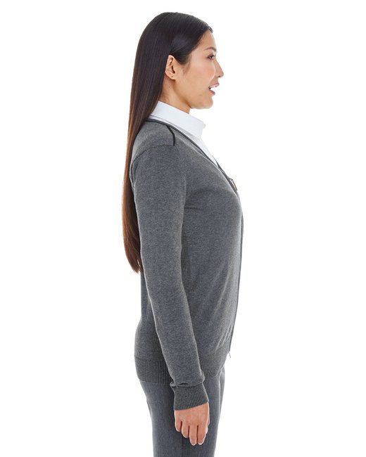 Devon & Jones Ladies' Manchester Fully-Fashioned Full-Zip Cardigan Sweater #DG478W Dark Grey Heather / Black Side