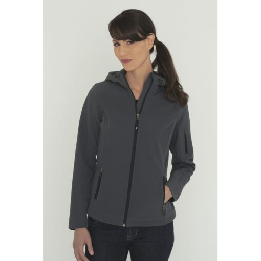 COAL HARBOUR® ESSENTIAL HOODED STRETCH SOFT SHELL LADIES' JACKET #L7605 Iron Grey Front