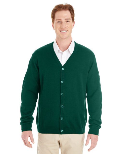 Harriton Men's Pilbloc™ V-Neck Button Cardigan Sweater #M425 Hunter Green Front