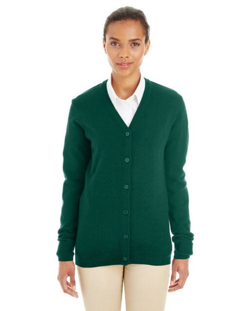 Harriton Ladies' Pilbloc™ V-Neck Button Cardigan Sweater #M425W Hunter Green Front