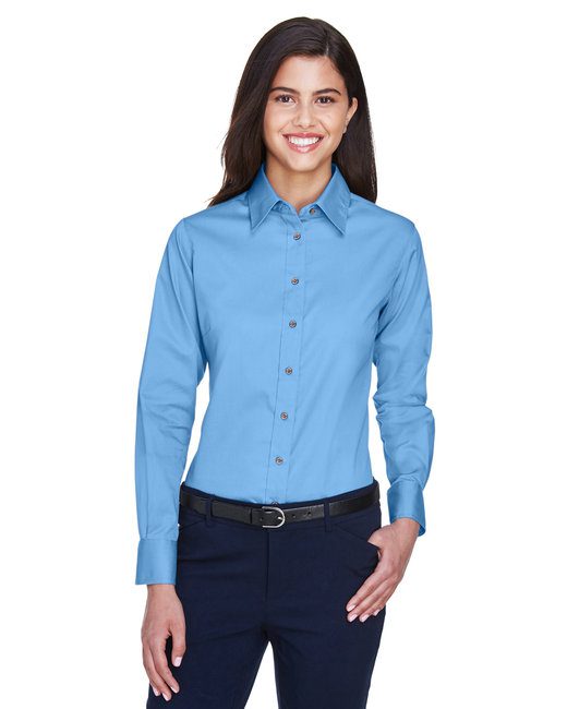 Harriton Ladies' Easy Blend™ Long-Sleeve Twill Shirt with Stain-Release #M500W Light College Blue