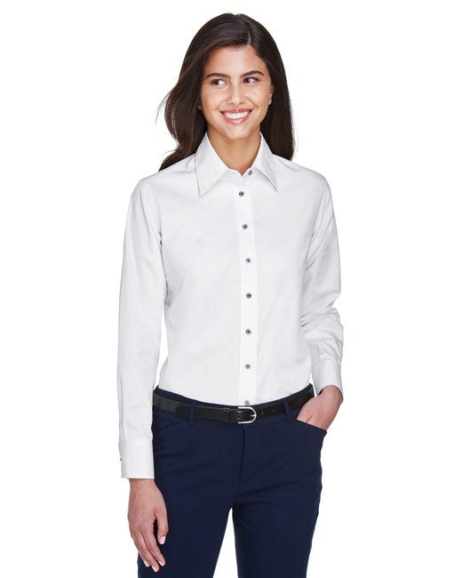 Harriton Ladies' Easy Blend™ Long-Sleeve Twill Shirt with Stain-Release #M500W White