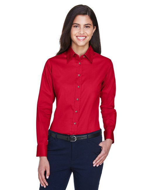 Harriton Ladies' Easy Blend™ Long-Sleeve Twill Shirt with Stain-Release #M500W Red