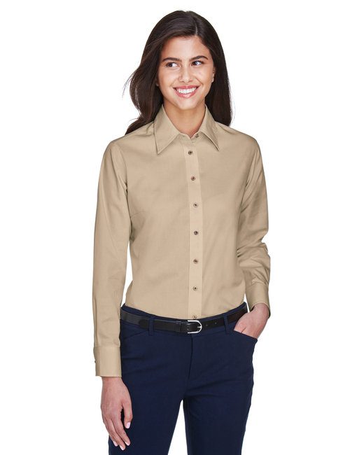 Harriton Ladies' Easy Blend™ Long-Sleeve Twill Shirt with Stain-Release #M500W Khaki
